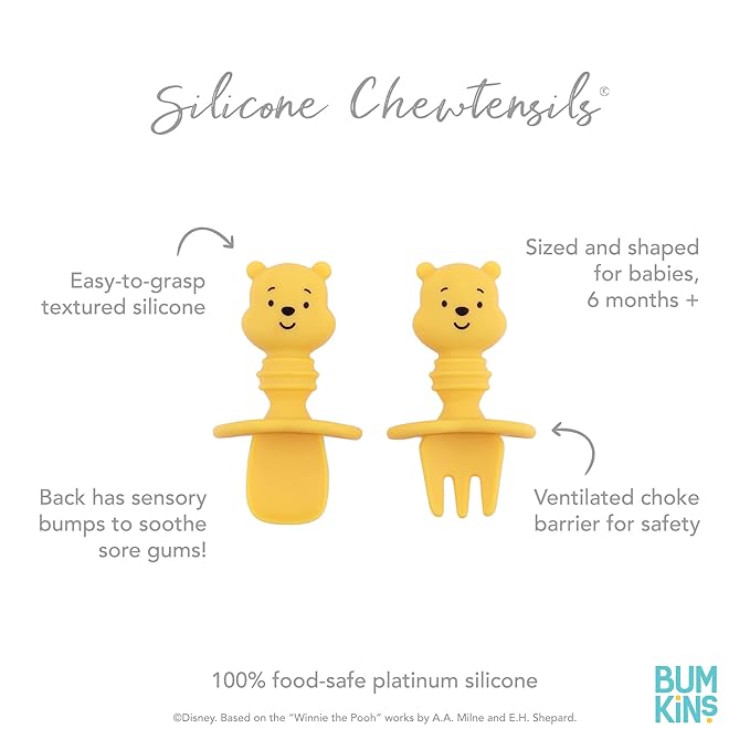 Bumkins Disney Baby Utensils Set, Chewtensils Silicone Spoons for Dipping, Self-Feeding, Baby Led Weaning, Trainer Learning First Stage Stage Eating, Fork and Spoon, Babies 6 Months, Winnie the Pooh