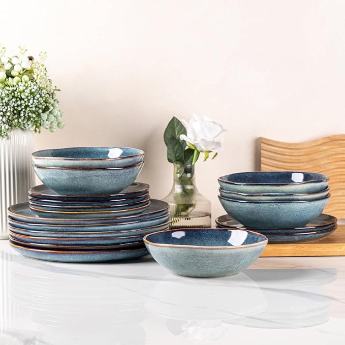 AmorArc Ceramic Dinnerware Sets,Handmade Reactive Glaze Stoneware Plates and Bowls Set,Highly Scratch Resistant | Dishwasher & Microwave Safe,Service for 4 Dishes Set - Reactive Blue(12pc)