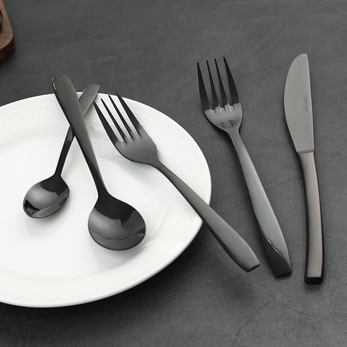 Black 60 Piece Silverware Set,Stainless Steel Flatware Set for 12,18/0 Rust-Proof Cutlery Set with Forks & Spoons,Mirror Polished Dishwasher Safe - Heavy Duty Tableware for Home & Dining