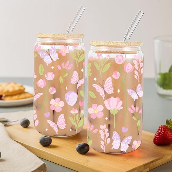 Best Mom Ever Iced Coffee Cup, Floral Butterfly Glass Tumbler, 16 oz Wildflower Aesthetic Coffee Glass Cup with Lid Straw, Mothers Day Christmas Birthday Gifts for Women Mom