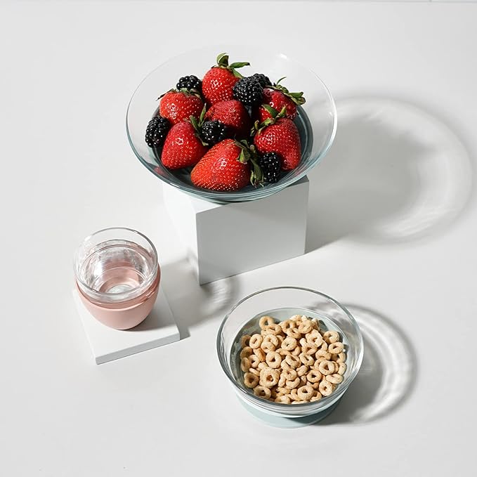 BEABA 3-Piece Glass Meal Set with Suction Pads, Toddler Plate and Baby Bowls with Suction, Non Slip Kids Dinnerware Set, 2.5x Stronger than Regular Glass, Eucalyptus