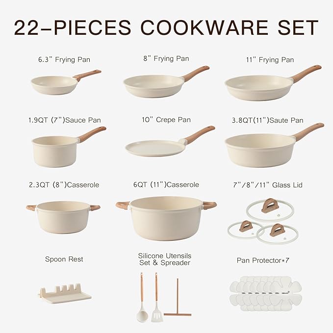 Pots and Pans Set Non Stick Non-Toxic 22 Pcs Ceramic Cookware Sets Nonstick Kitchen Pot&Pan With Lid Cream White Granite Induction Compatible with Glass Lids Crepe Frying Pan PFOA/PFOS-Free