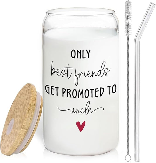 Get Promoted to Uncle Glass Cup with Lids and Straws 14oz, Pregnancy Baby Announcement for Uncle Glass Coffee Tumbler Drinking Jars with Cleaning Brush