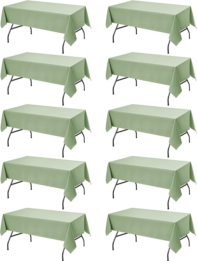 10-Pack Sage Green Tablecloths for Rectangle Tables, 60 x 102 Inches, Stain-Resistant Polyester Fabric for 6 Foot Tables - Washable Table Covers for Weddings, Birthday Parties, Events