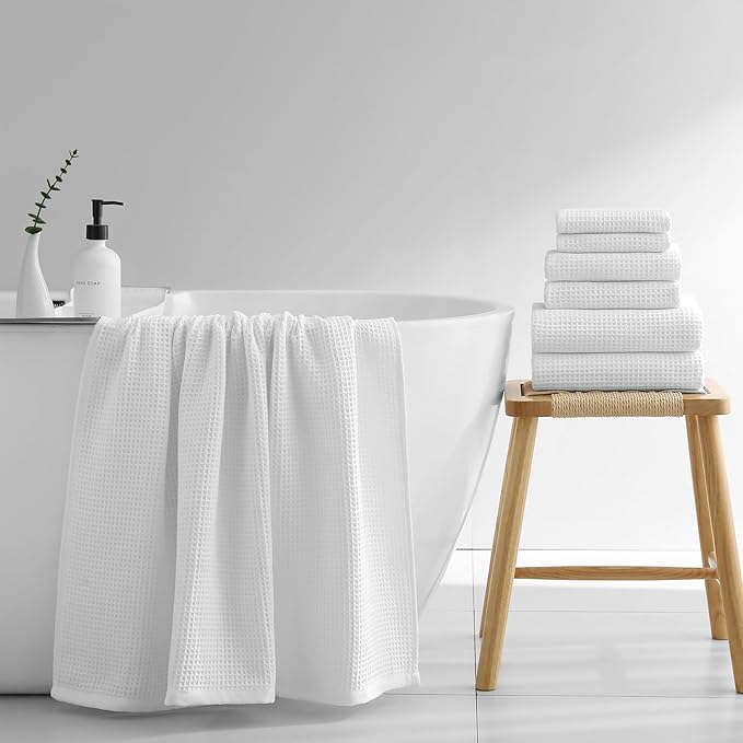 40 x 80 Inches Extra Large Bath Sheets Towels Microfiber Waffle Oversized Bath Towels for Bathroom Quick Dry Lightweight (White,6PCS)