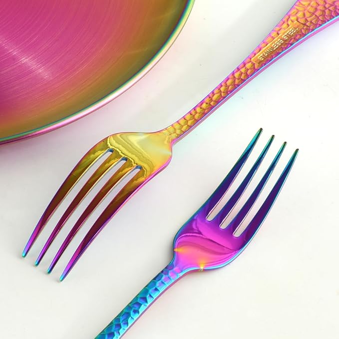 Buyer Star 12 Pieces Hammered Dinner Forks Set, 7.9 Inch Stainless Steel Forks,Table Forks,Flatware Forks, Mirror Finish & Dishwasher Safe,Use for Home,Kitchen or Restaurant (Rainbow)