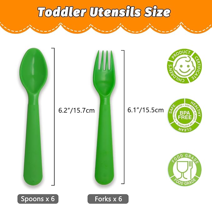 12 Pcs Kids Spoons and Forks Toddler Utensils Plastics Reusable Silverware Baby Cutlery Set Feeding Dinnerware Utensils BPA Free Microwave Dishwasher and Freezer Safe- Green