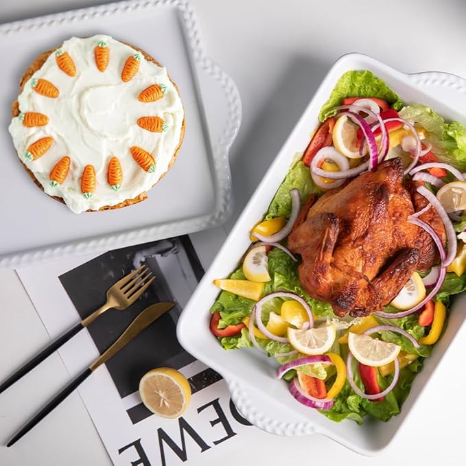 Sweejar Ceramic Baking Dish Lasagna Pans with Trivet, Rectangular Bakeware for Cooking, Kitchen, Cake Dinner, Banquet, 15.3x 9.6 x 2.8 Inches of Casserole Dishes（White）