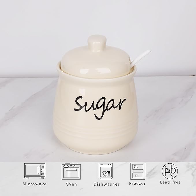 HAOTOP 12oz Sugar Bowl with Lid and Spoon,Ceramic Sugar Jar Sugar Dispenser Sugar Container Coffee Bar Accessories, Kitchen Countertop Canisters, Beige