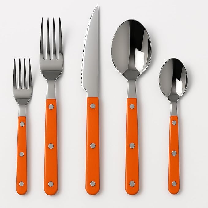 Khen 20-Piece Cutlery Set with Dinner Knives, Forks, Spoons, Salad Forks & Teaspoons – Durable and Dishwasher Safe Utensil Set for Home, Kitchen, Parties & Special Occasions – Orange Handle
