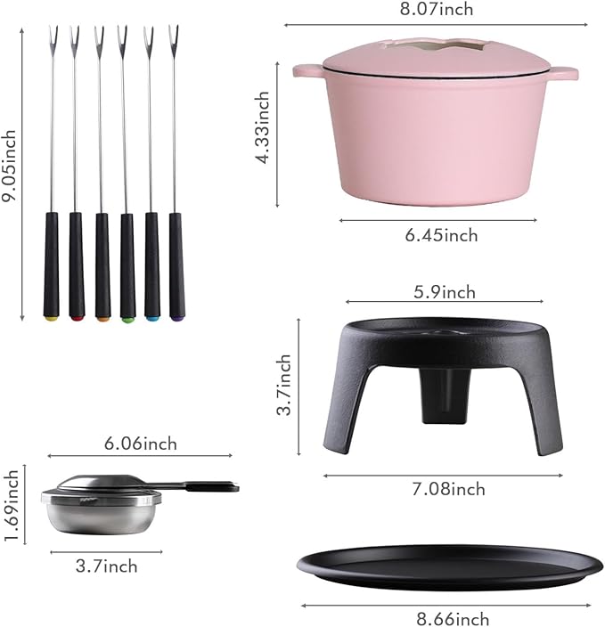Artestia Cast Iron Cheese Fondue Pot Set for Chocolate Swiss Fondue Set Camping Fondue Set with 6 Fondue Forks, 11-Piece Cheese Fondue Set Serve 6 Persons (Pink)