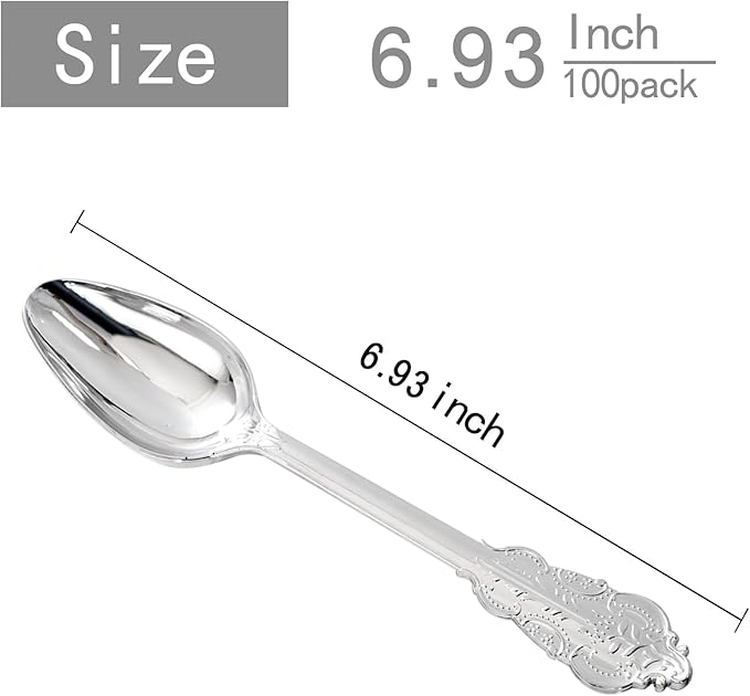 WDF 100 Piece Silver Plastic Spoons Disposable - 6.93 Inch Baroque Silver Silverware for Dessert Cake - Heavy Duty Plastic Spoons for Christmas Party, Wedding or Daily Using