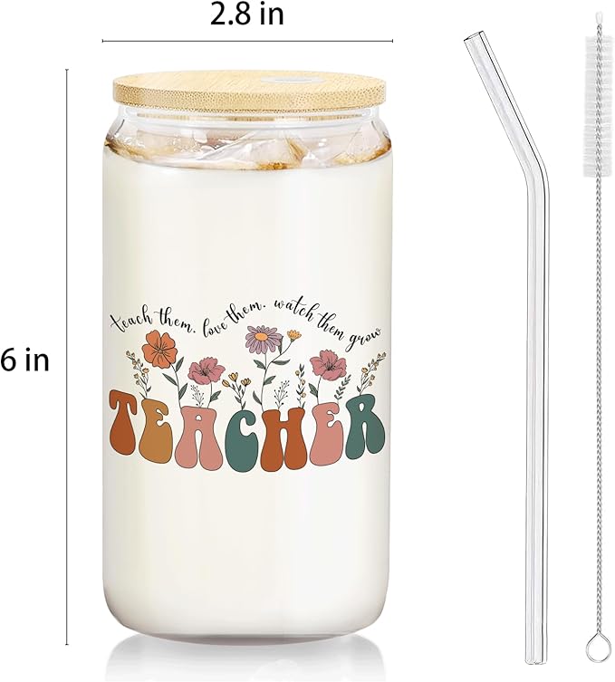 Teacher Glass Cup with Lids and Straws 14oz, Back to School Teacher Gifts, Teachers Appreciation Gift for Women Glass Iced Coffee Tumbler Drinking Jars with Cleaning Brush