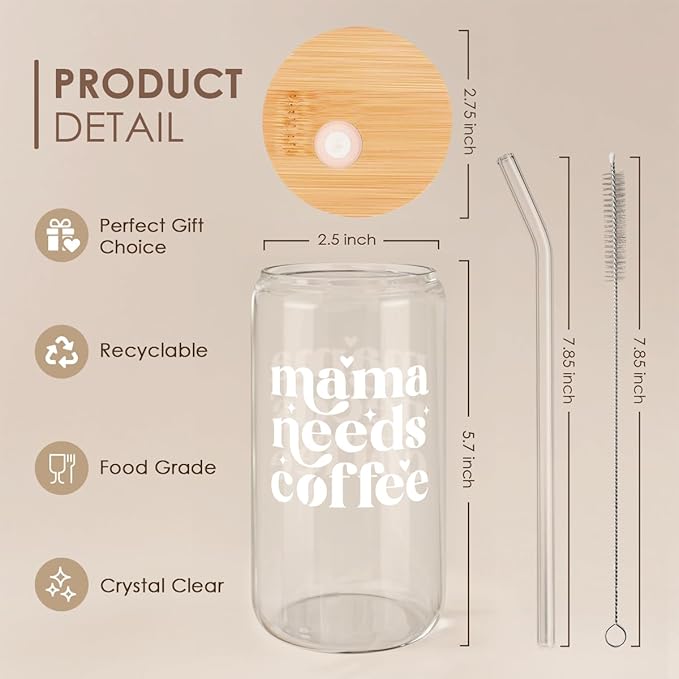 SANDJEST Mom Glass Can, Mama Needs Coffee Cup with Lid & Straw, Iced Coffee Aesthetic Cups, Idea Gifts for Christmas Birthday Mother Day, Gifts for Women, 16oz