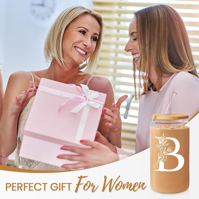 SANDJEST Monogrammed Gifts for Women - Monogram B Initial Glass Cup 16 Oz Can Coffee Cups with Lid and Straw - Monogram Initials Gifts for Womens on Birthday