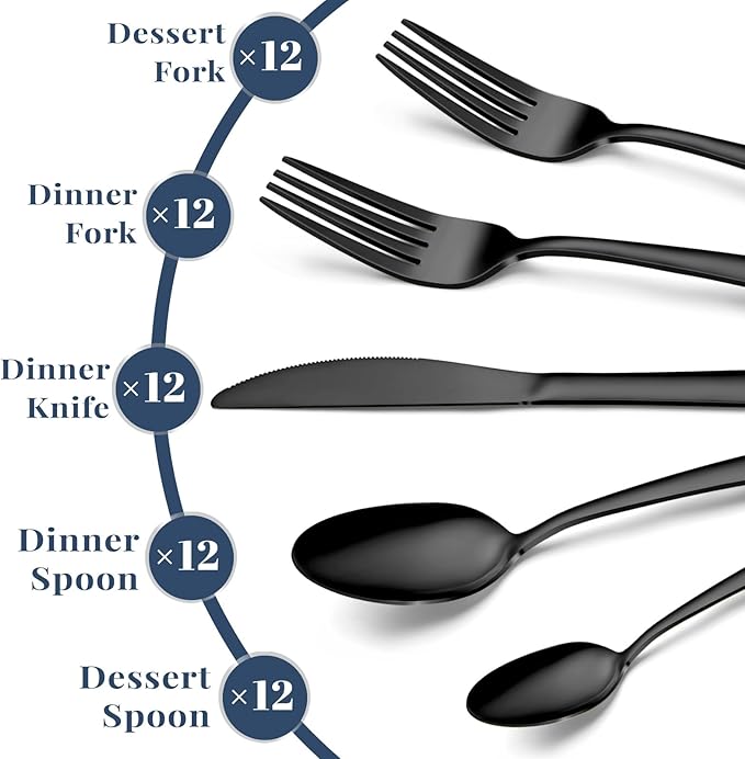 Black Silverware Set - 60PCS Stainless Steel Silverware Set for 12, Includes Forks Spoons and Knives, Utensil Sets for Home Kitchen Restaurant, Dishwasher Safe