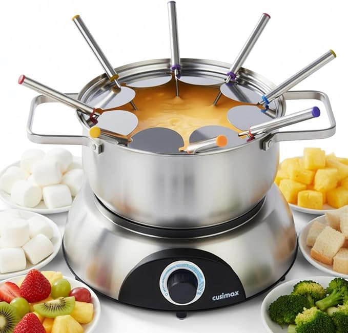 CUSIMAX Electric Fondue Set, 1500W Electric Fondue Pot with Luminated Control Dial, 8 Colour Coded Stainless Steel Forks, For Chocolate, Cheese, Broth, Oil, Stainless Steel Fondue Maker, 1.4Quart