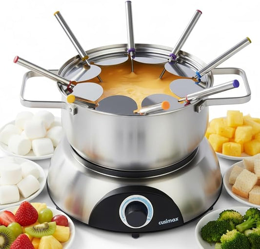 CUSIMAX Electric Fondue Set, 1500W Electric Fondue Pot with Luminated Control Dial, 8 Colour Coded Stainless Steel Forks, For Chocolate, Cheese, Broth, Oil, Stainless Steel Fondue Maker, 1.4Quart