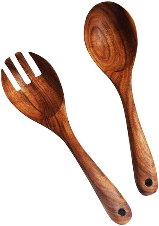 KALINCO Wooden Acacia Salad Servers with Salad Spoon and Fork Set Cooking Utensils for Kitchen (Natural Handmade Cookware) (salad servers)