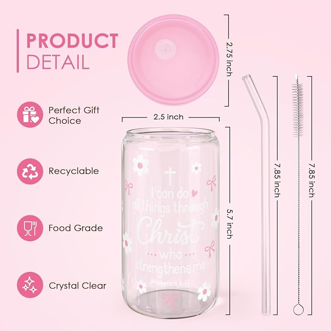 SANDJEST Christian Glass Can Tumbler 16oz, Inspirational Glass Cup with Lid & Straw, Iced Coffee Aesthetic Cups for Women Girls, Gifts Idea for Christmas Birthday