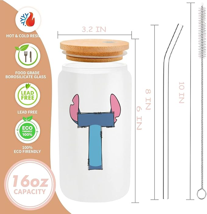 Cute Cartoon Lover Gifts Initial A-Z Personalized Iced Coffee Cup Cartoon Merch 16oz Glass Cup with Lid and Straws Birthday Christmas Gifts for Women Teen Girls Fans (Letter T)