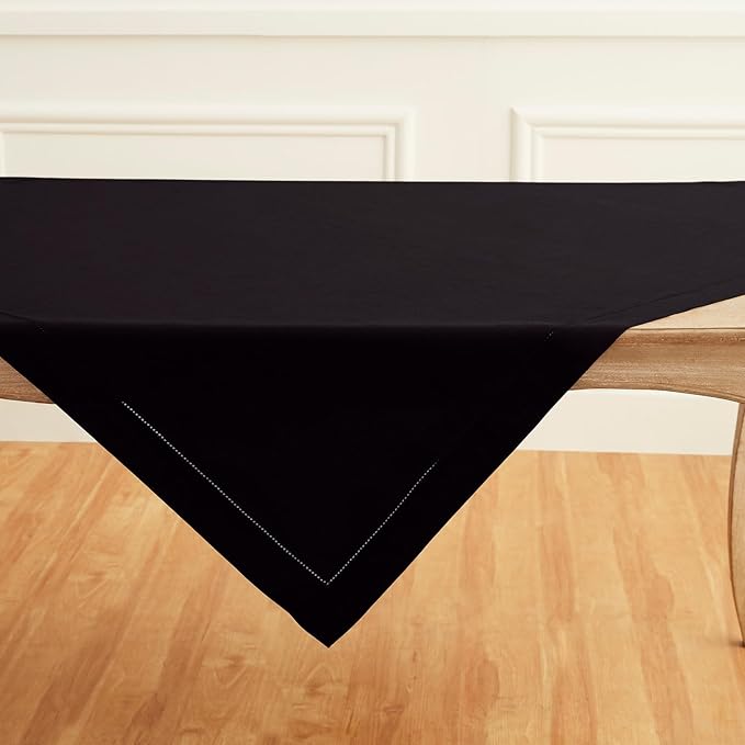 Solino Home Black Linen Tablecloth 52 x 52 Inch - 100% Pure Linen Square Table Throw - Classic Hemstitch, Machine Washable Table Cloth for Winter, Holiday