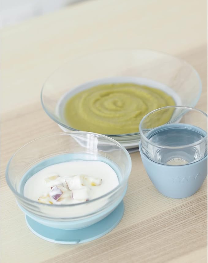 BEABA 3-Piece Glass Meal Set with Suction Pad, Toddler Plate and Baby Bowls with Suction, Non Slip Kids Dinnerware Set, 2.5x Stronger than Regular Glass, (Rain)