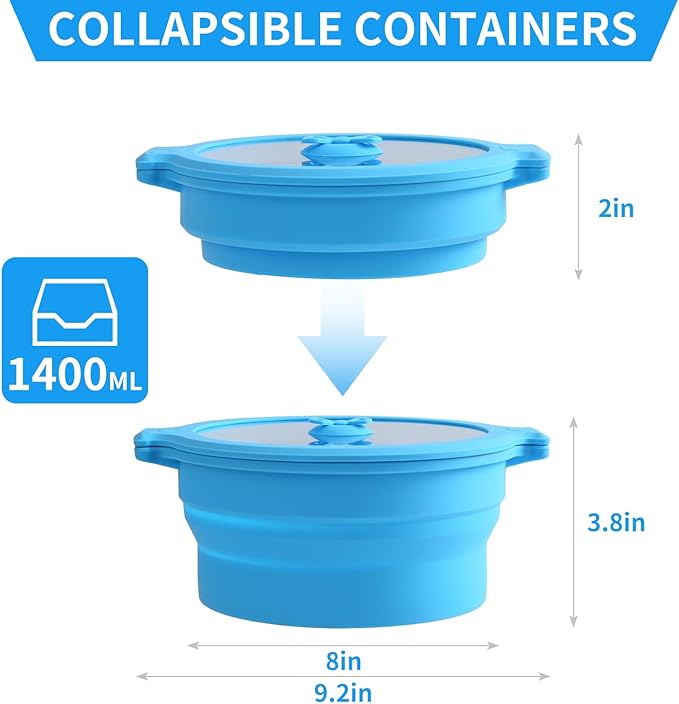 Collapsible Silicone Microwave Cookware Cooker Steamer for Cooking with Lids, 1.4L Glass Food Storage Container Sealed Bowl Mixing Bowls 2pc Set BPA Free