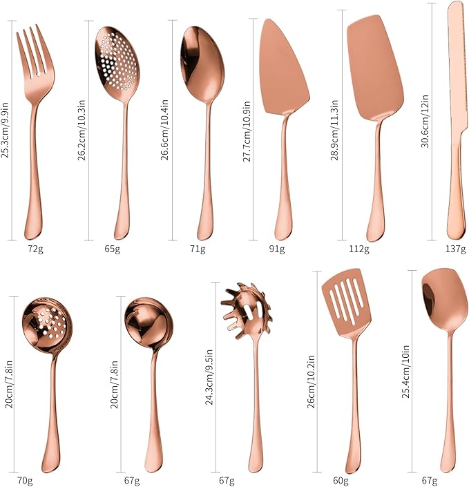 Copper Serving Utensils Set - Rose Gold Stainless Steel Flatware Set 11- Pieces Cake Knife Serving Fork Spoon Skimmer Pasta Ladle Spatula Perfect for Home Kitchen and Special Occasions