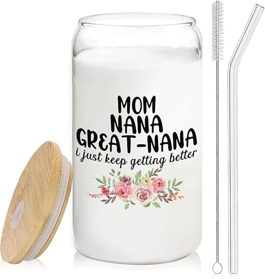 Christmas Grandmother Gifts For Mom Nana Great Nana Glass Coffee Cup With Lid And Straws 14oz - christmas Glass Cup gifts For Grandma