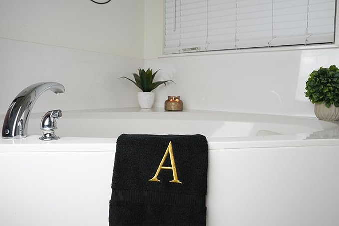 Black Monogrammed Hand Towels for Bathroom- Black and Gold Luxury Hotel Quality Personalized Initial Decorative Embroidered for Powder Room, Spa-GOTS Organic Certified - Pack of 2, Letter A