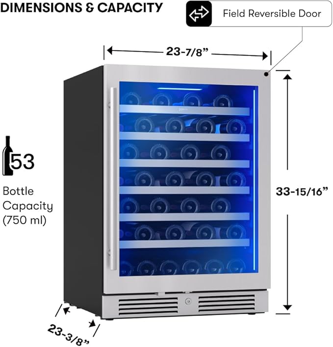 Zephyr Presrv 24" Wine Fridge Single Zone Under Counter - Countertop Wine Cooler Cellars Cabinet Wine Beverage Refrigerator Home Bar Chiller Freestanding with Glass Door, 53 Bottles 750ml