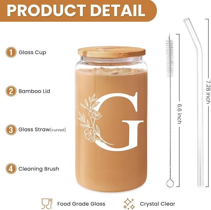 SANDJEST Monogrammed Gifts for Women - Monogram G Initial Glass Cup 16 Oz Can Coffee Cups with Lid and Straw - Monogram Initials Gifts for Womens on Birthday