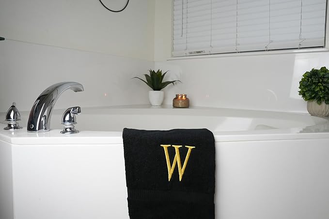 Black Luxury Hand Towel for Bathroom - Monogrammed Initial Hotel Quality Decorative Embroidered Towel for Powder Room, Spa - GOTS Organic Certified - Pack of 2, Letter W