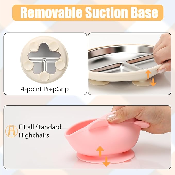 Stainless Steel Baby Plate and Bowls with Suction, Divided Kids Baby Plate and Toddler Bowl with Removable Silicone Suction, Non-Slip Baby Feeding Set Dishwasher Safe，4 Packs