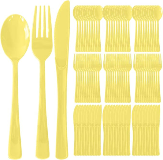 150 Pack Disposable Plastic Silverware, Heavy Duty Light Yellow Plastic Cutlery Set Includes 50 Forks 50 Knives 50 Spoons for Birthday Wedding Party Picnics (150, Light Yellow)