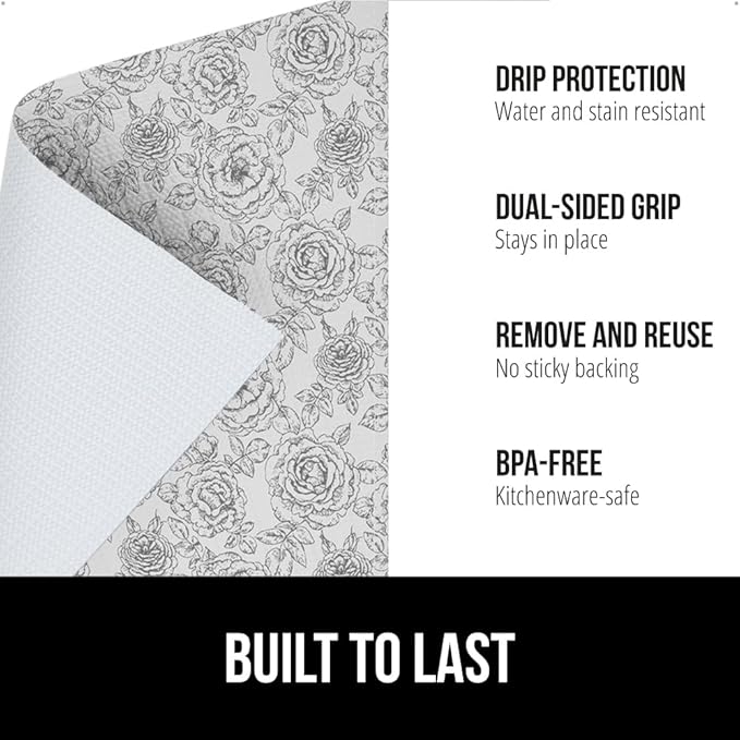 GORILLA GRIP DripGuard Shelf Liner, Non Adhesive Drawer and Kitchen Cabinet Protector, Slip Resistant BPA Free Smooth Surface Plastic Liners for Cabinets, Bathrooms, Closets, 12x240 Inch, Floral Gray