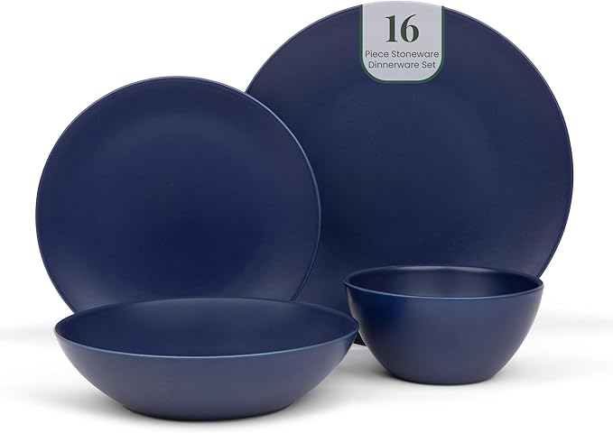 Larder & Vine Ceramic Stoneware Dinnerware 16-Piece Set, 4 Place Settings (Indigo)