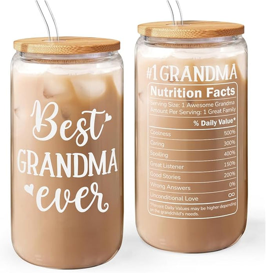 Grandma 16 Oz Can Glass Tumbler with Bamboo Lid and Straw - Iced Coffee Cups for Women, Aesthetic Glass Cup Gift for Grandmother Nana Birthday Christmas Mother's Day
