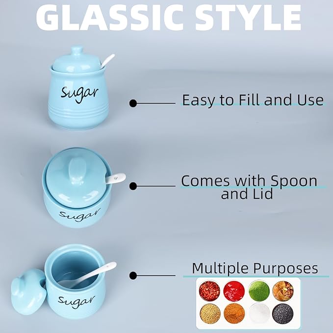 HAOTOP 12oz Sugar Bowl with Lid and Spoon,Ceramic Sugar Jar Sugar Dispenser Sugar Container Coffee Bar Accessories, Kitchen Countertop Canisters,Turquoise