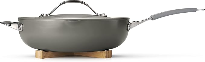 Tramontina All-in-One Plus Pan Set, 5-Quart Ceramic Non Stick Cooking Pan with Lid, Steamer Insert, Bamboo Utensil and Trivet, Gray