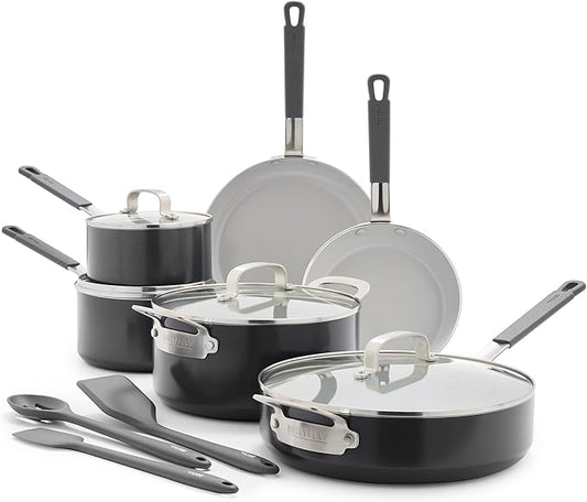 GreenPan x Bobby Flay 13 Piece Nonstick Cookware Pots and Pans Set, PFAS-Free Diamond Ceramic, Induction Suitable, Easy Clean Dishwasher & Oven Safe, Stay-Cool Silicone Handles, Glass Lids, Graphite
