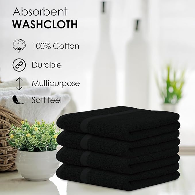 Avalon Towels Cotton Washcloths – (Pack of 24) Size 12x12 Inches, 100% Ring Spun Cotton, Soft & Absorbent Face Towels, Gym Towels, Hotel and Spa Quality, Reusable Fingertip Towels (Black)