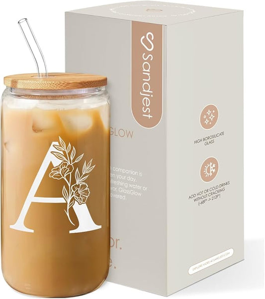 SANDJEST Monogrammed Gifts for Women - Monogram A Initial Glass Cup 16 Oz Can Coffee Cups with Lid and Straw - Monogram Initials Gifts for Womens on Birthday