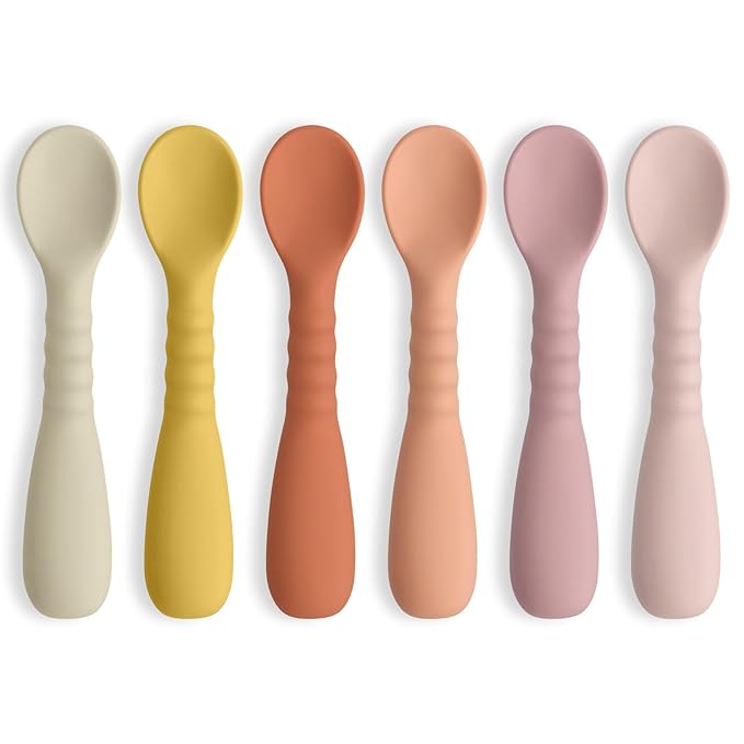 ME.FAN Silicone Baby Feeding Spoons 6 Pack First Stage Infant Spoons - Baby Utensils Soft Training Spoon Self Feeding - Chew Spoon Set for Babies and Toddlers Bright