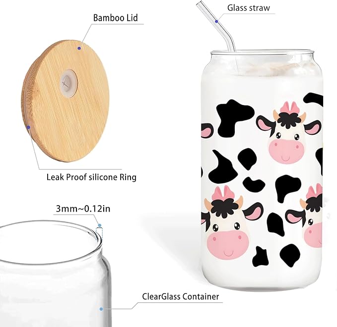 Cute Cow Glass Cup Gifts with Lids and Straws 14oz, Cow Print Gifts for Cow Lovers, Cow Print Stuff Glass Coffee Tumbler Drinking Jars with Cleaning Brush