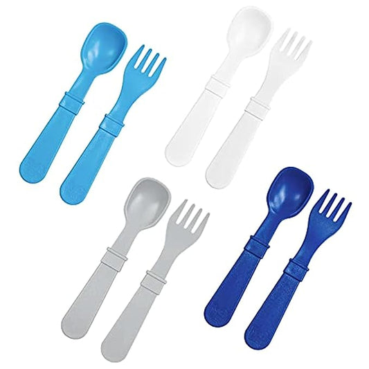 Re-Play Toddler Forks and Spoons Set - 4x4 Utensils Set for Kids - Dishwasher and Microwave Safe - Made in USA - Pack of 8-5.8" x 1.2" x 0.2" - Modern Blue