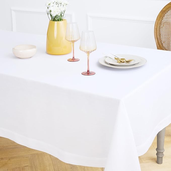 Solino Home Linen White Tablecloth 60 x 102 Inch - 100% Pure Linen Rectangular Tablecloth - Machine Washable Table Cloth for Winter, Valentines, Holiday, New Year - Fete