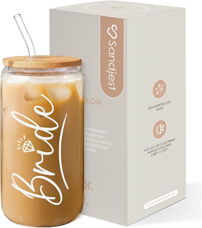 SANDJEST Bride Glass Coffee Cup 16 Oz with Bamboo Lid and Straw - Bridal Shower Gift - Engagement Gifts for Women - Bride Gifts