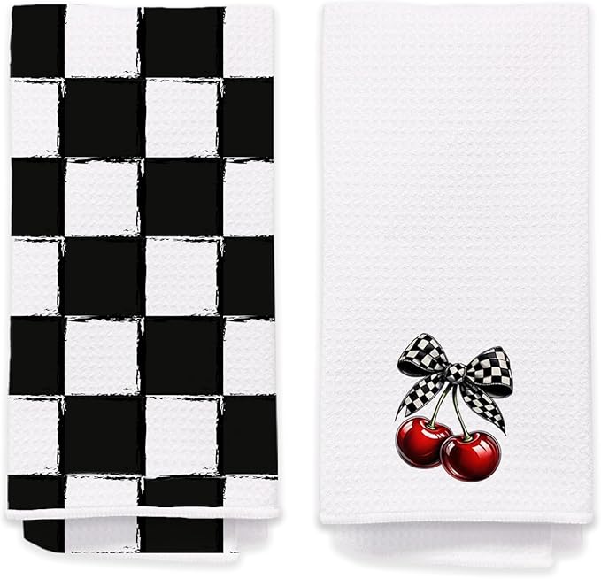 2 Pack Black and White Checkered Hand Towels for Bathroom - Retro Plaid Cherry Decorative Dish Tea Towels for Kitchen Decor, Cherry Gifts for Women, Housewarming Gift Idea